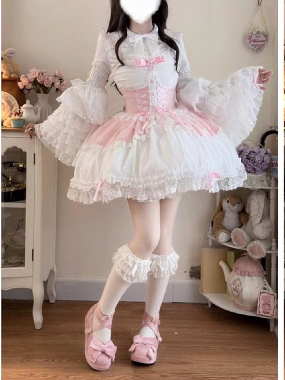 Pink & White Lace Victorian Vintage Style Dress - Picture 2 of 13